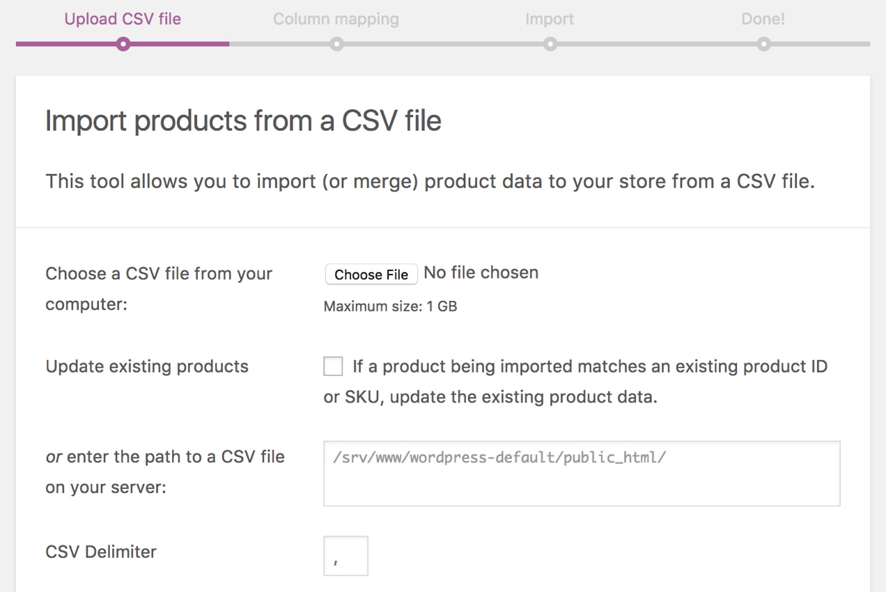 Import CSV screen in WooCommerce
