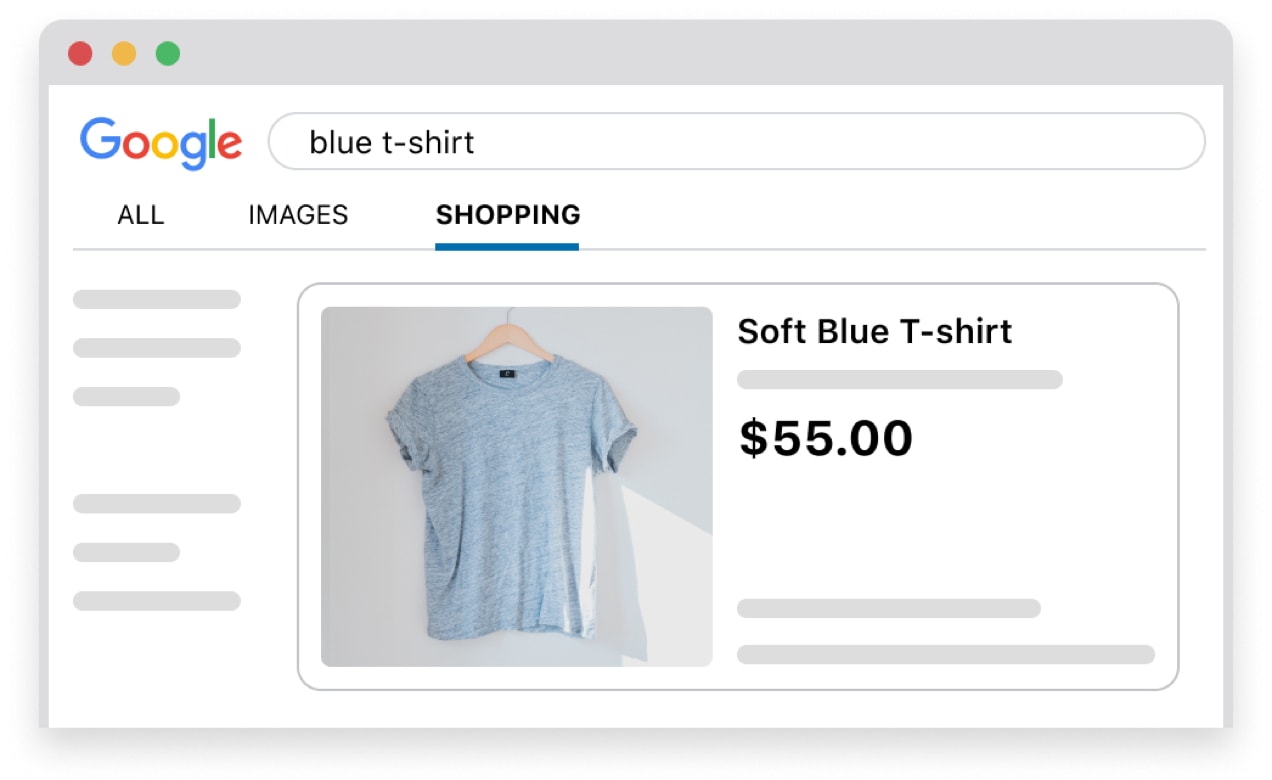 Google Shopping ad for a soft blue t-shirt
