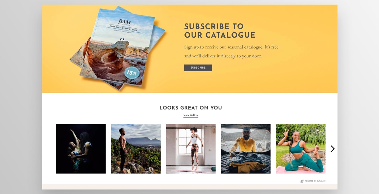 CTA on BAM Bamboo Clothing's site asking visitors to subscribe and get a catalog