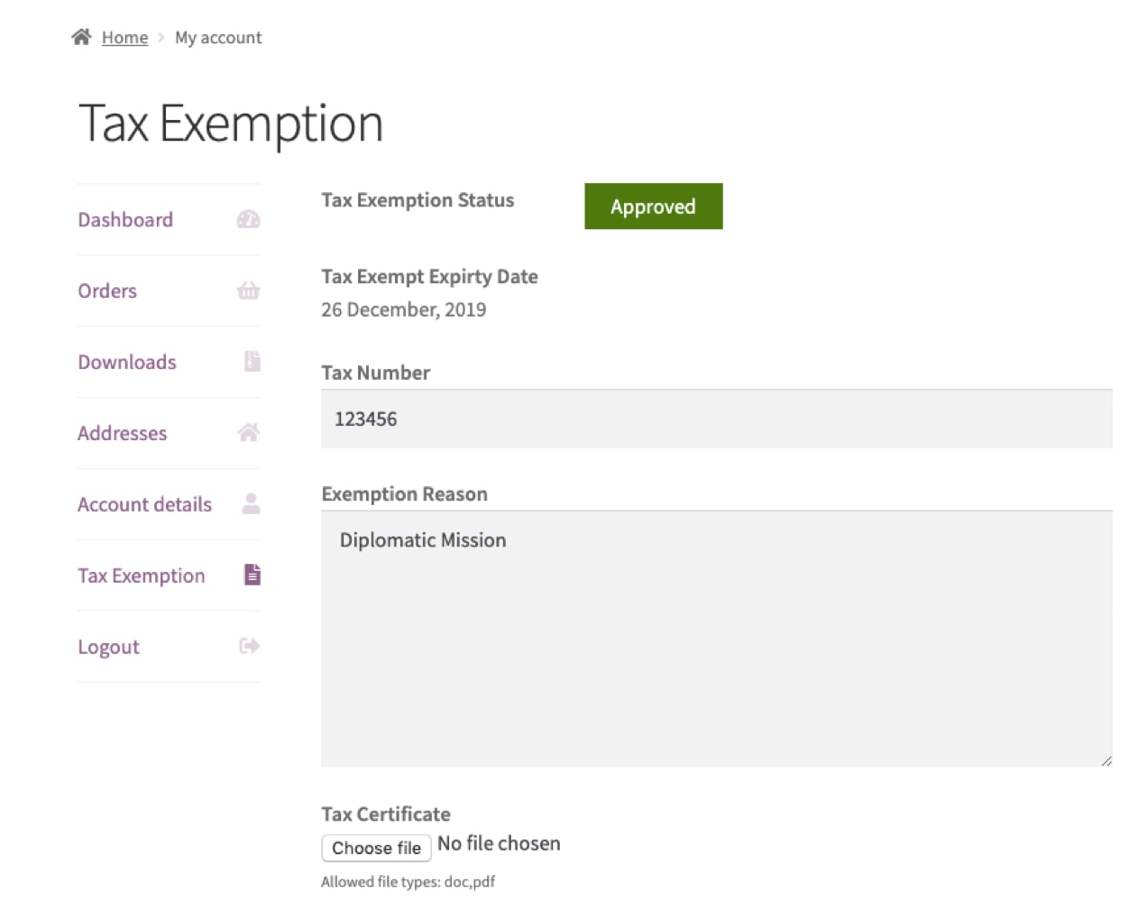 screenshot from Tax Exempt extension showing settings