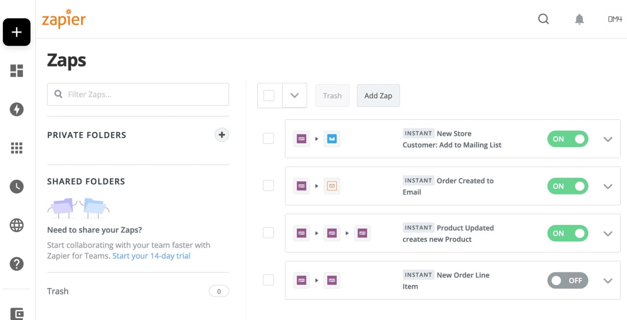 Zapier integrations set up for a WooCommerce store