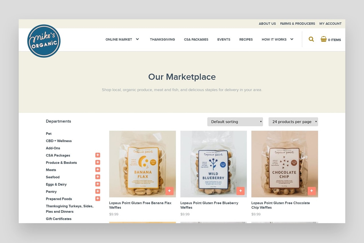screenshot of WooCommerce site, Mike's Organic Delivery, showing a product page