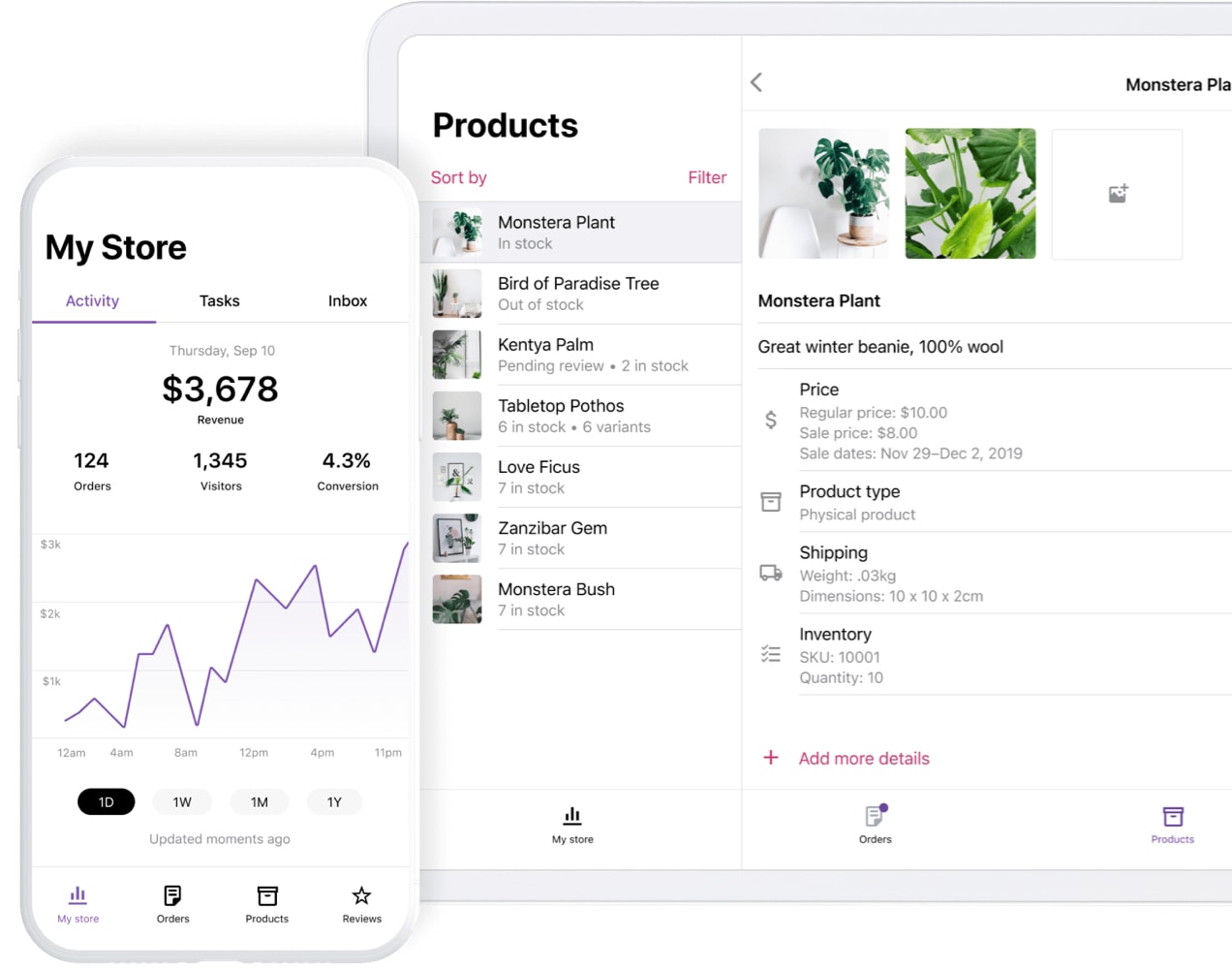 WooCommerce mobile app showing analytics and products