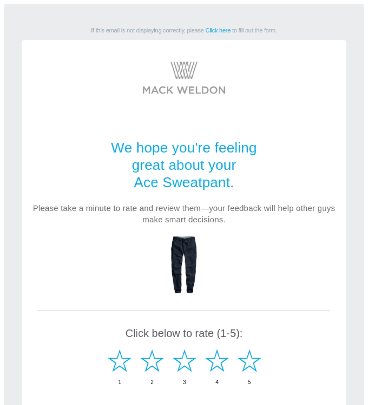 Mack Weldon email asking a customer for a review on the sweatpants they purchased