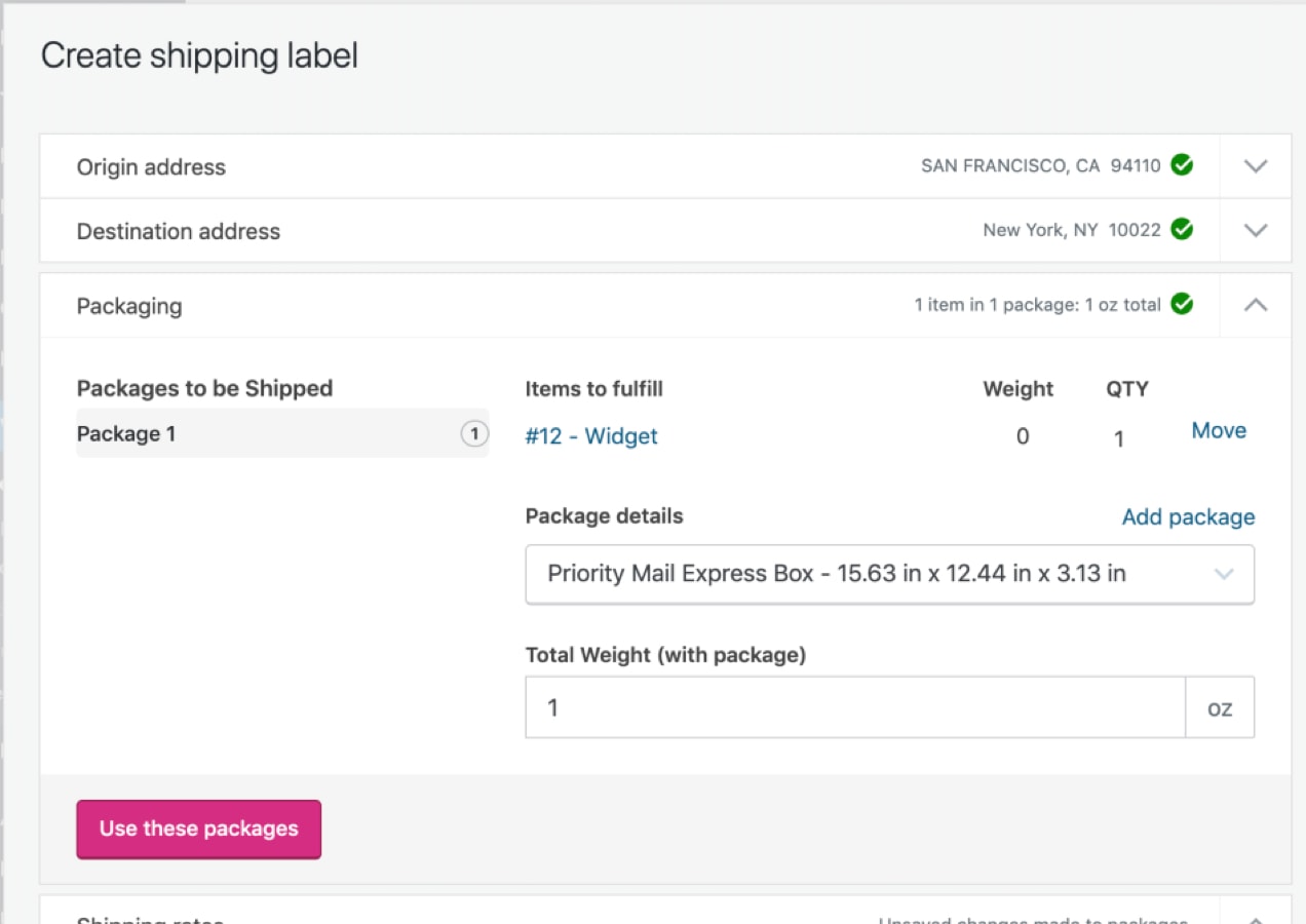 packaging section with WooCommerce Shipping