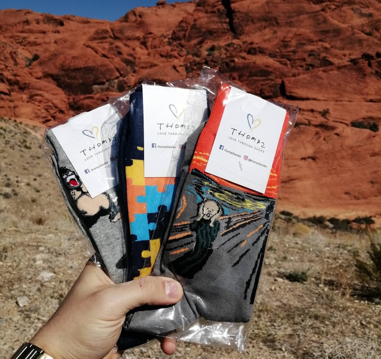 three pairs of socks held in front of a canyon
