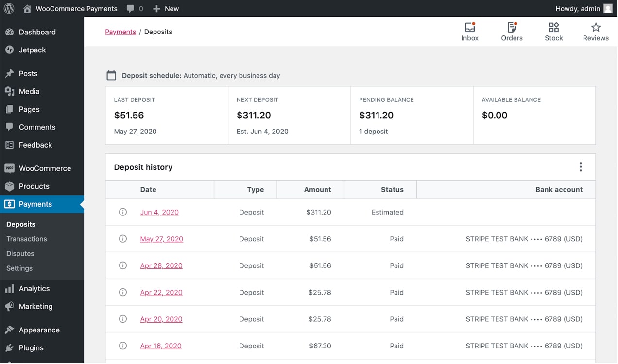 WooCommerce Payments dashboard 