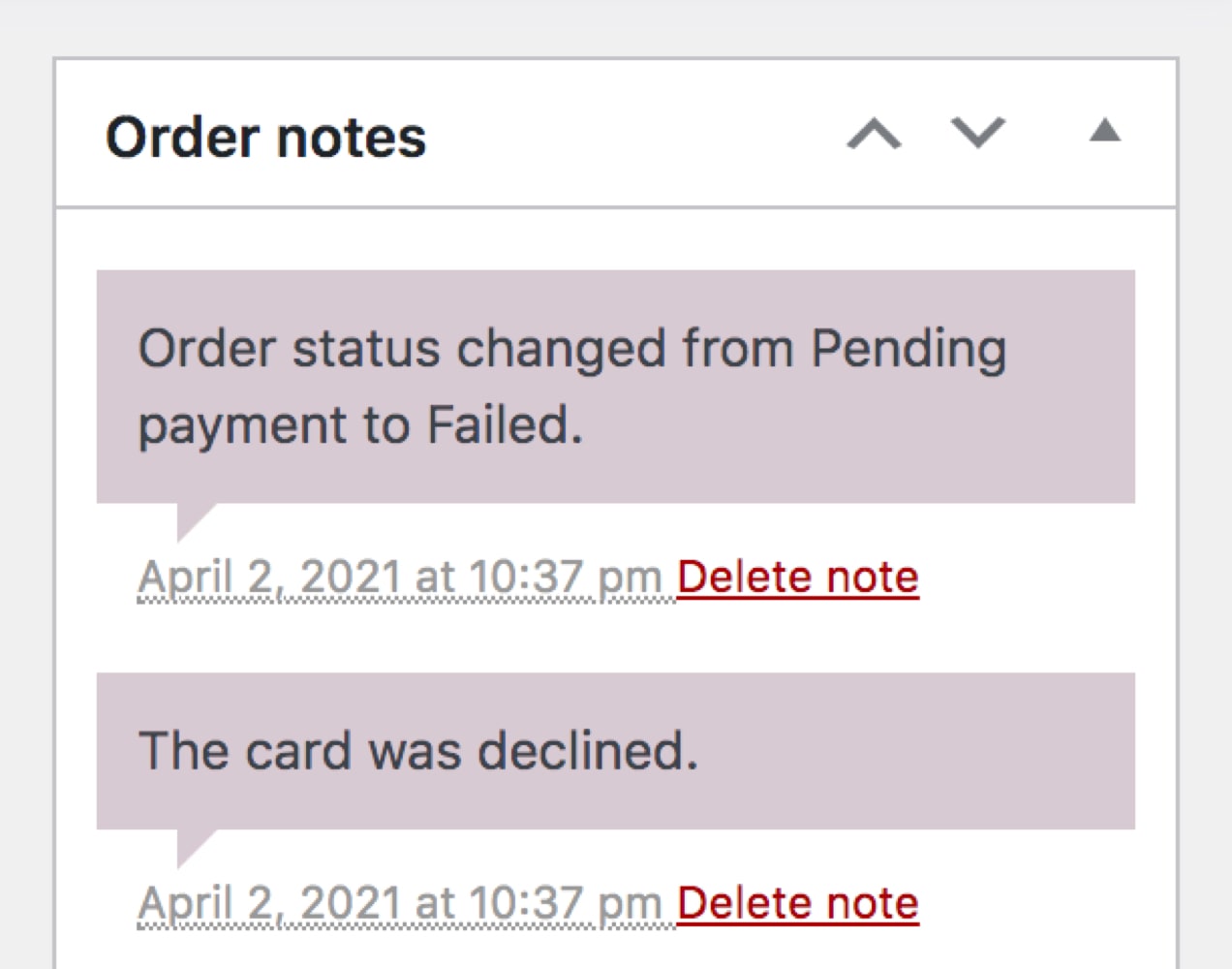 order note showing a declined card and failed order