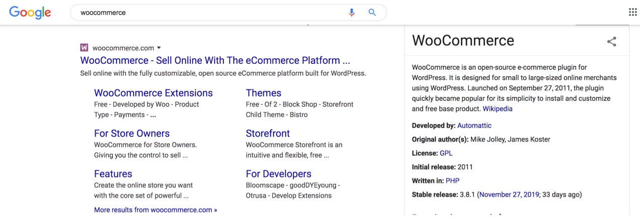 sitelinks on Google for the WooCommerce website