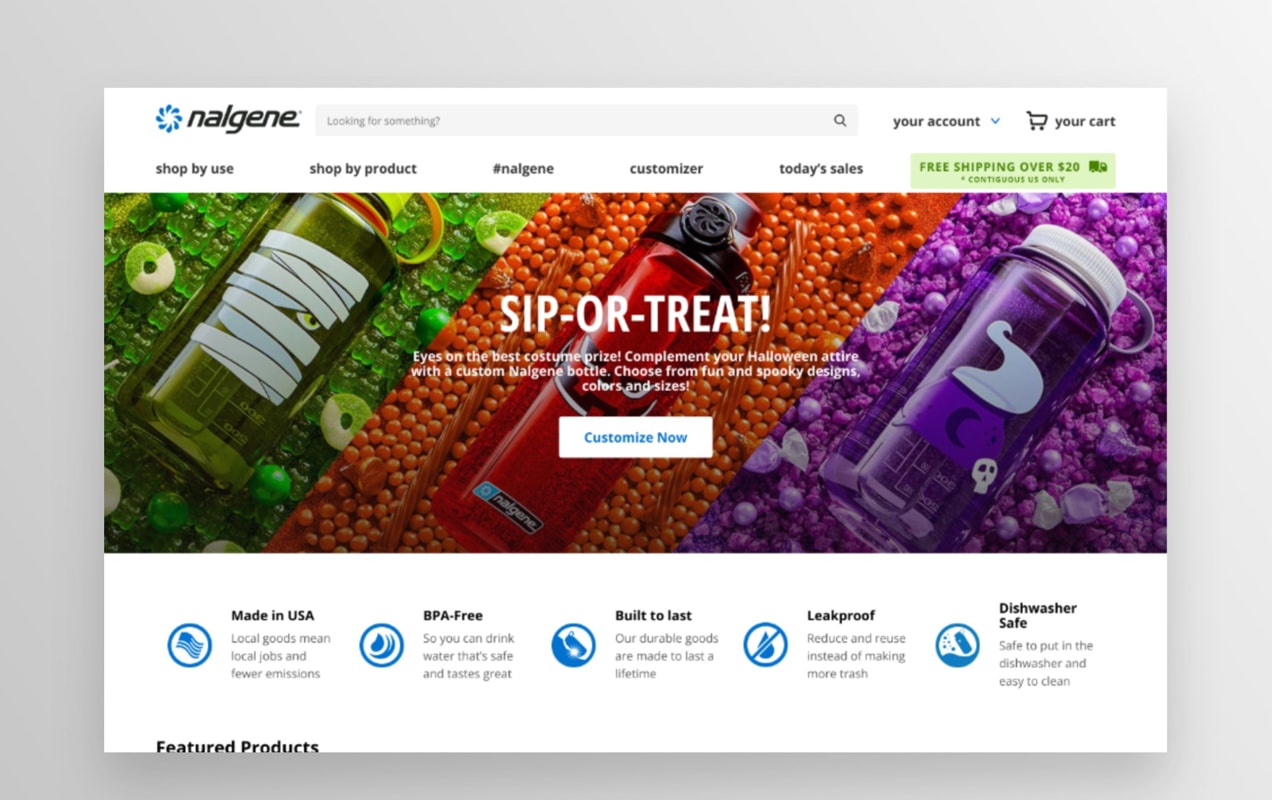 Nalgene home page, a large store built on WooCommerce