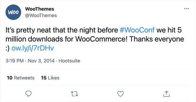 A tweet from WooThemes celebrating 5 million WooCommerce downloads