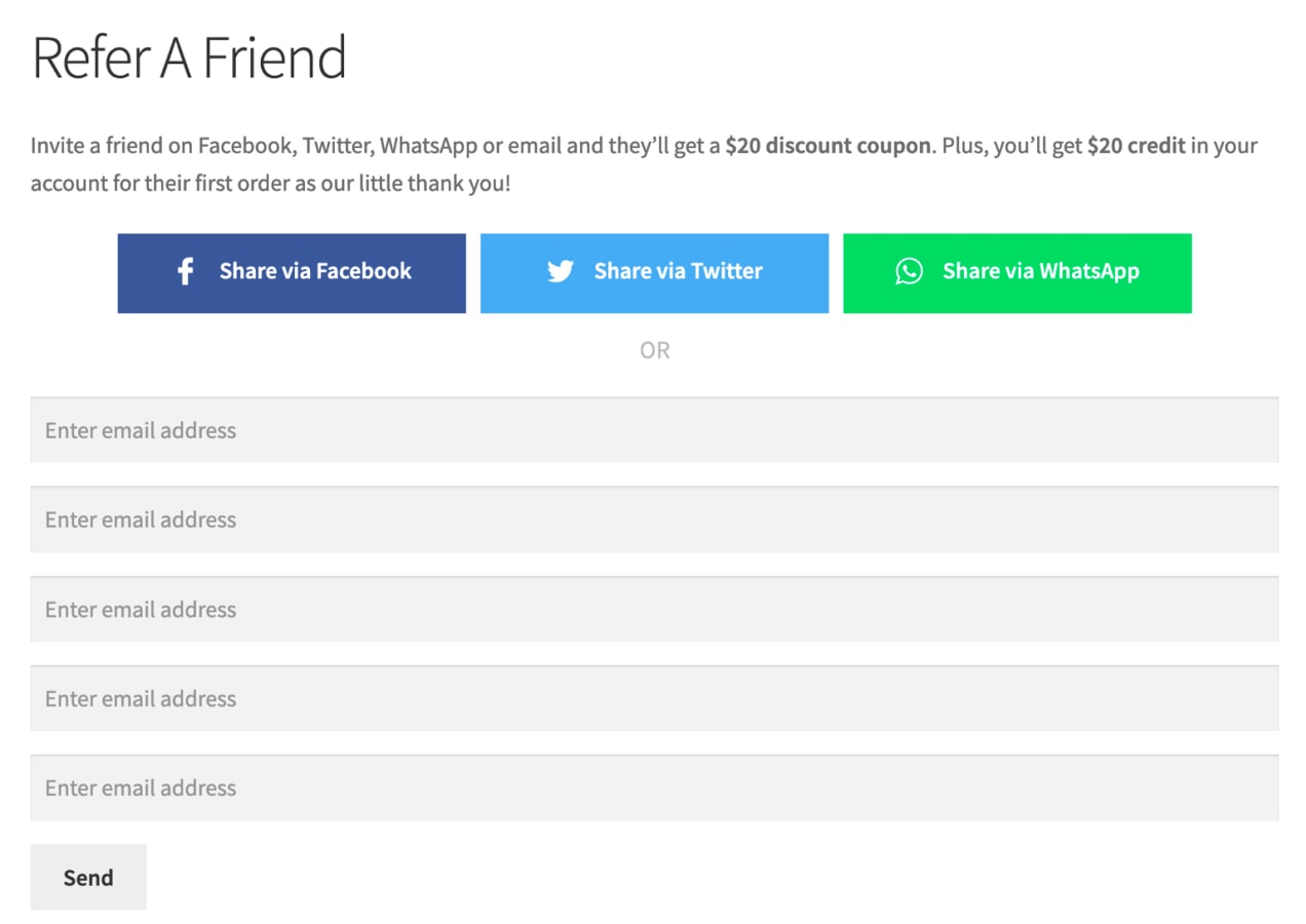 refer a friend form with options to share via social media or email