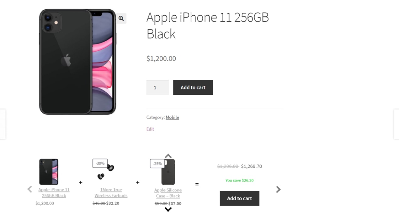 iPhone product listing with items frequently bought together underneath