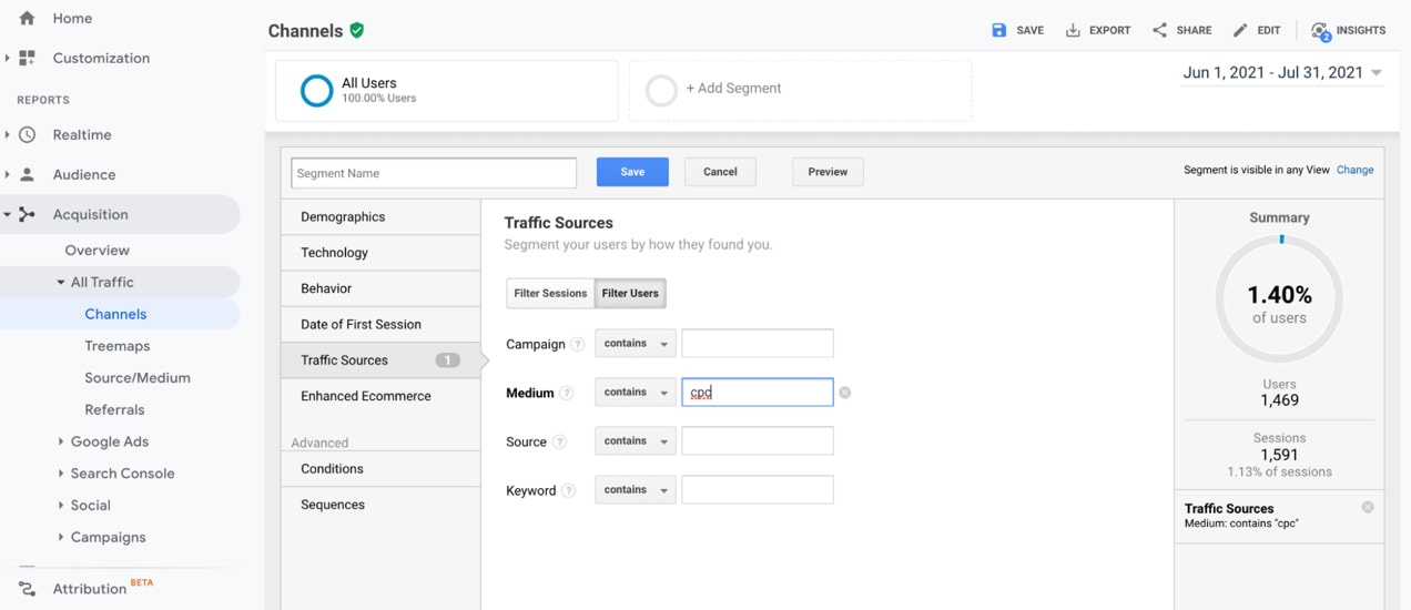 screen showing traffic sources in Google Analytics