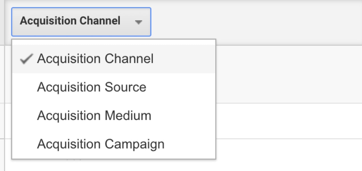 dropdown to select acquisition channel, source, medium, or campaign