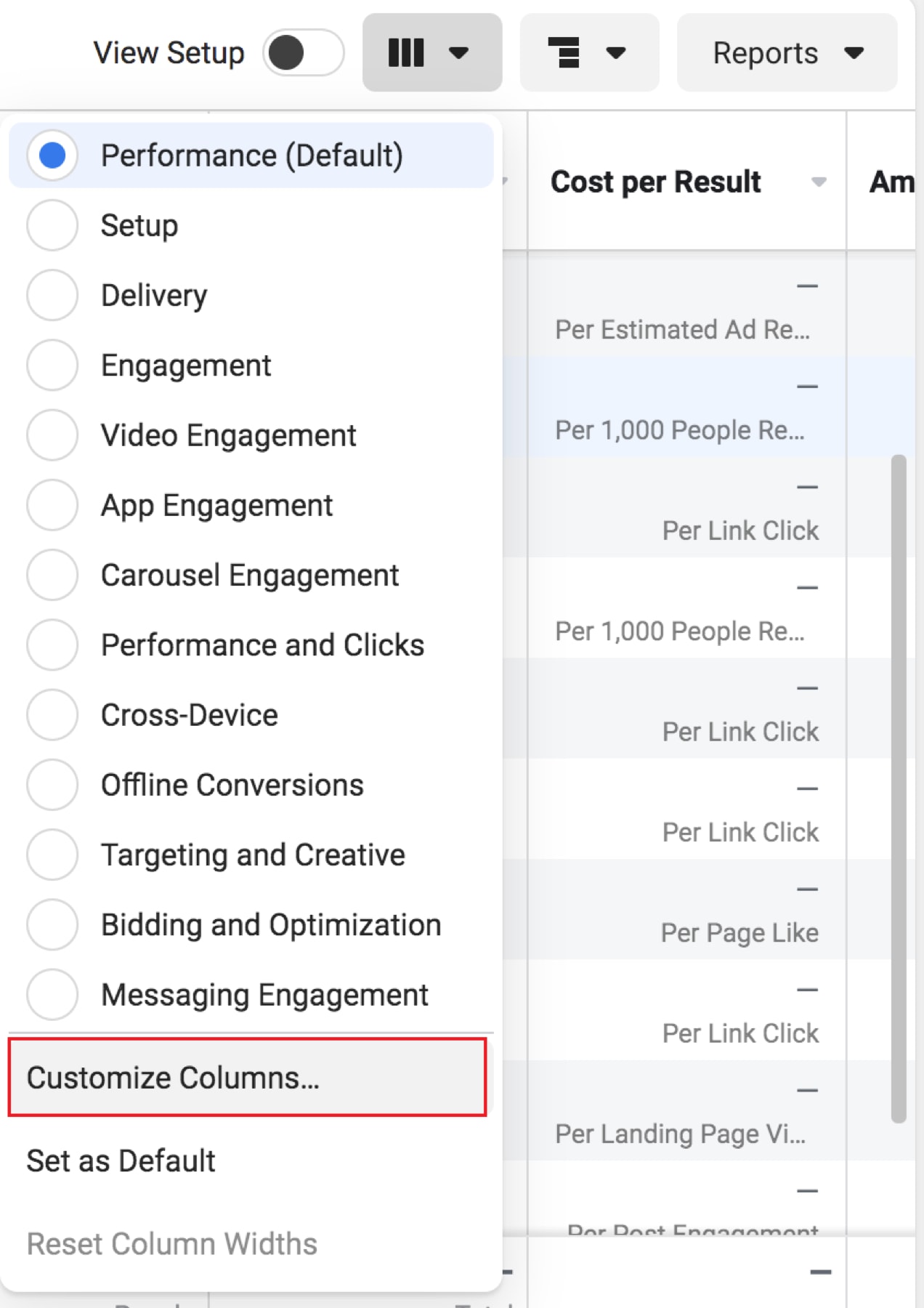 options to customize columns shown in the Facebok ads dashboard