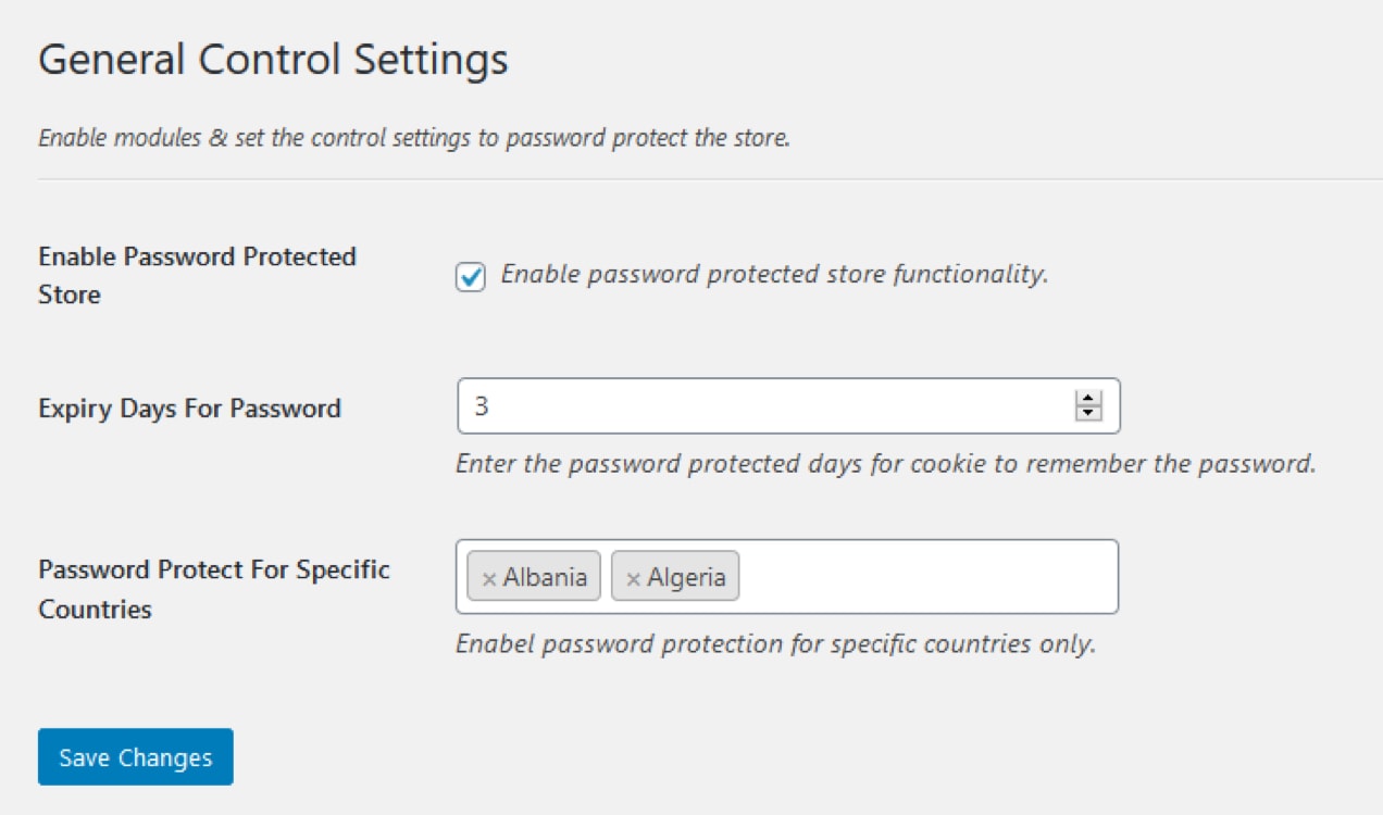 settings in the Password Protected Categories extension