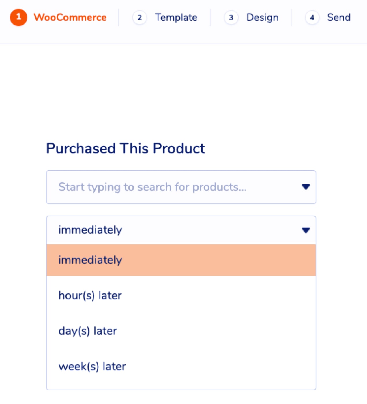 "purchased this product" settings with a dropdown for send time