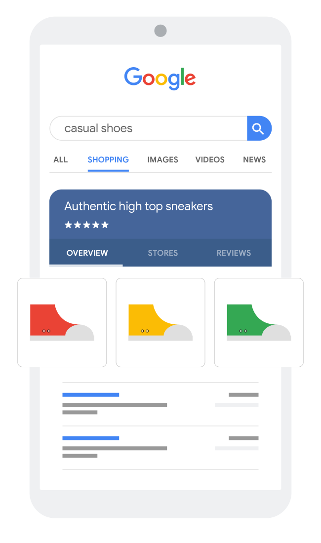 Illustration of how a shopping ads result for 'casual shoes' is displayed on a mobile device