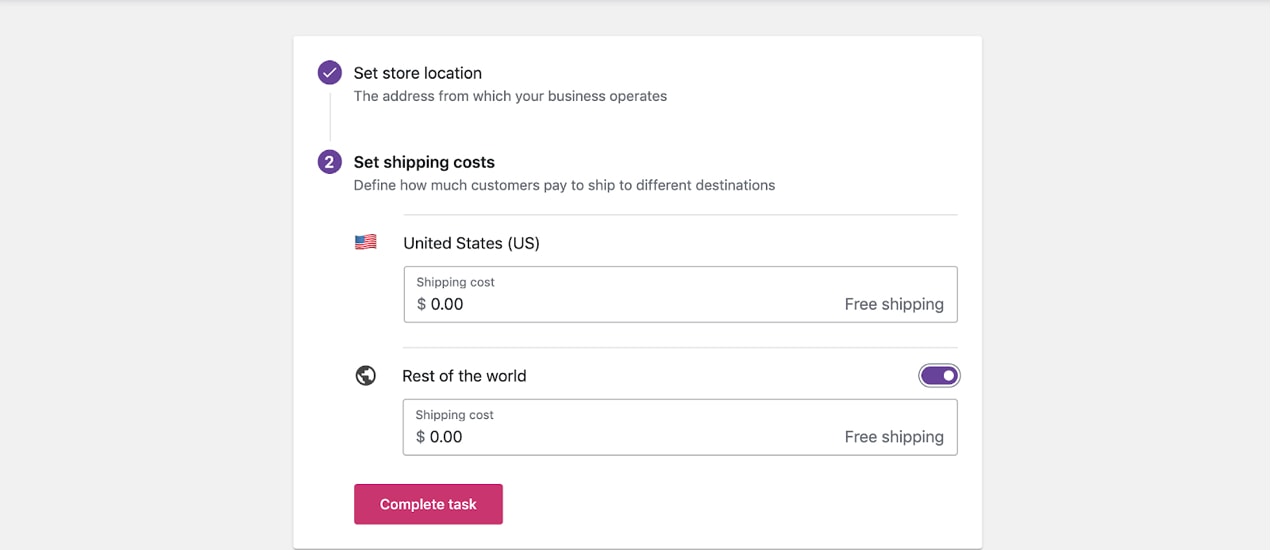 shipping cost options in the setup wizard