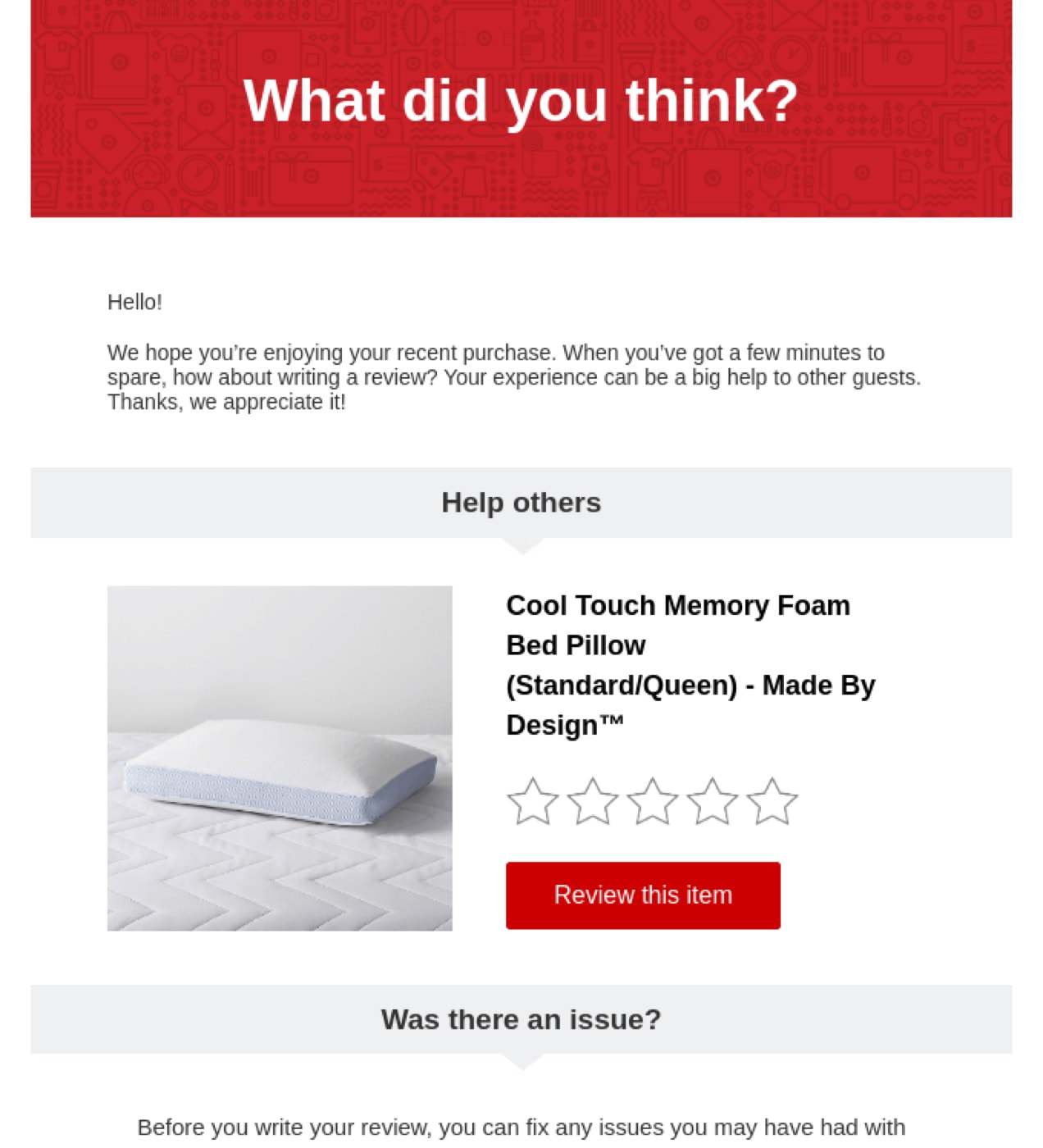 Target email asking for a product review of a memory foam bed pillow