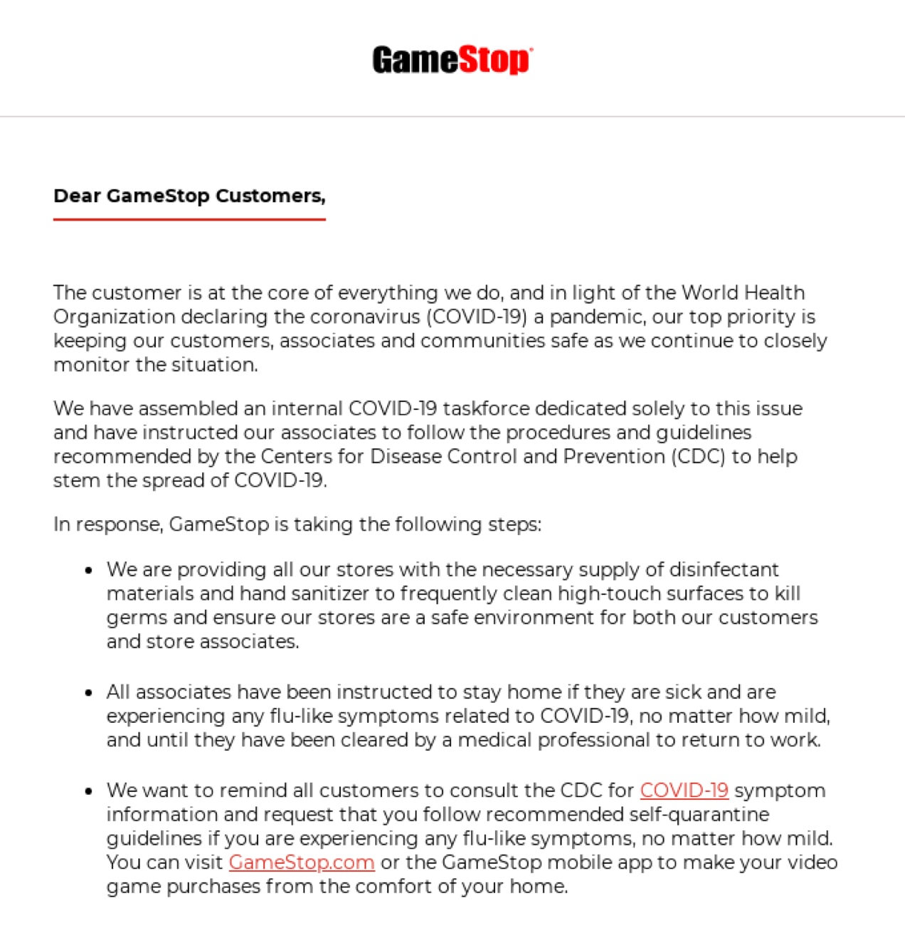 a text-based email from GameStop addressing the COVID-19 pandemic