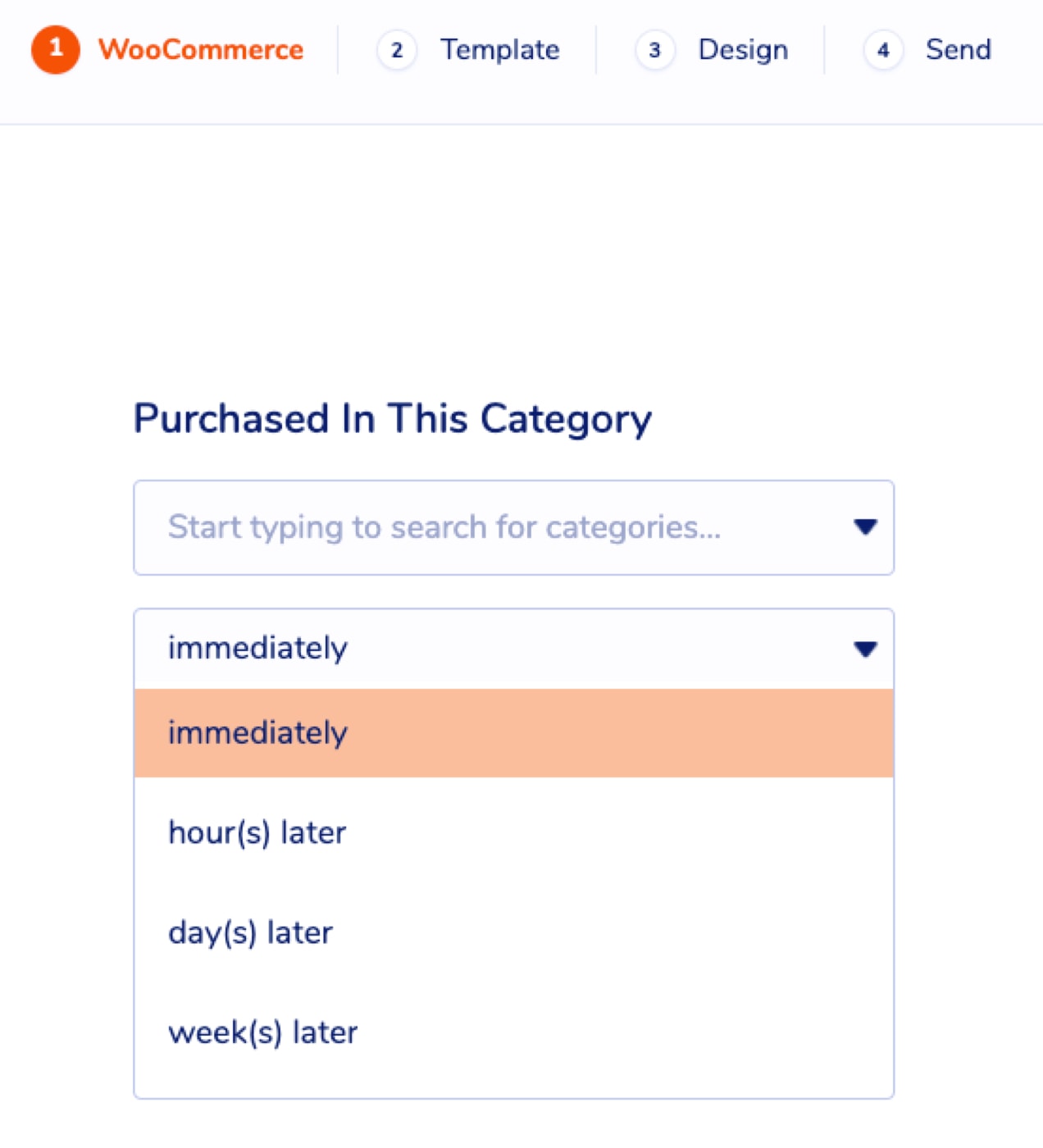 dropdown for "purchased in this category" email showing options for scheduling