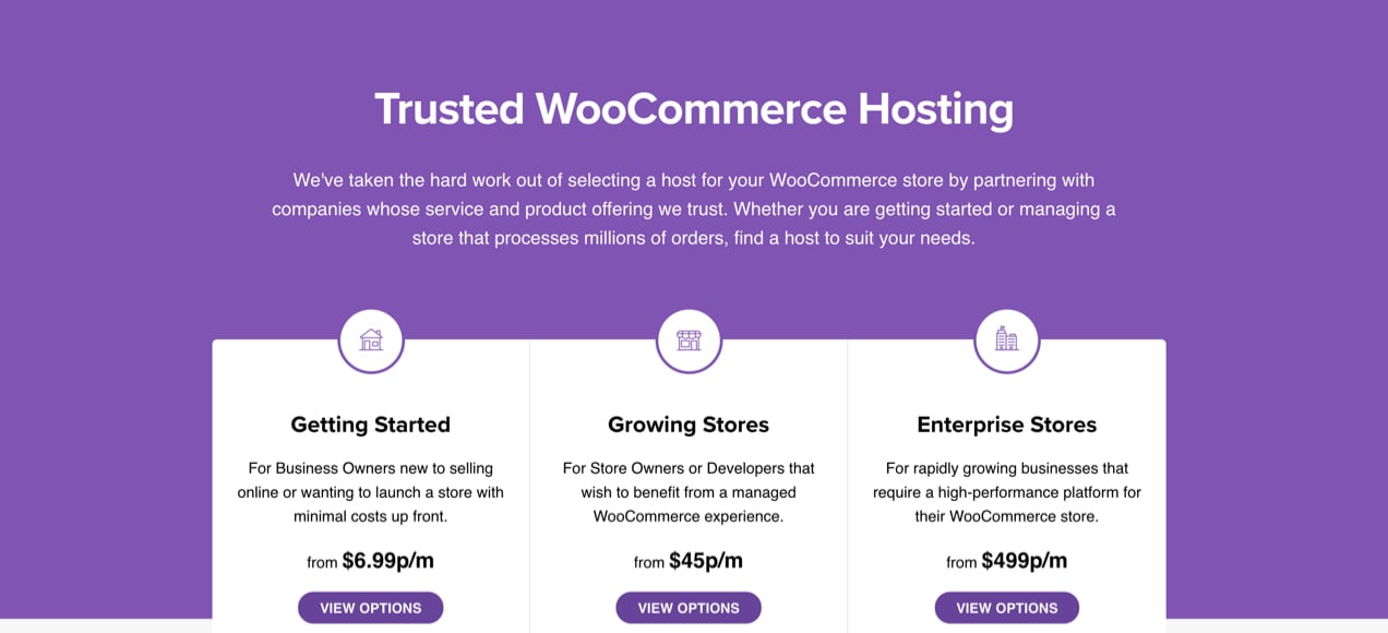 WooCommerce recommended hosting page with suggestions for stores of all sizes